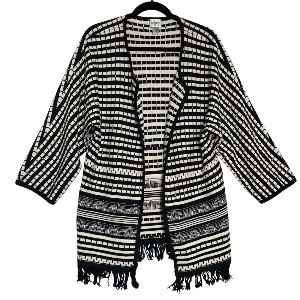 Chico's Black White Open Front Fringe Cardigan Size 1 Geometric Cotton Sweater